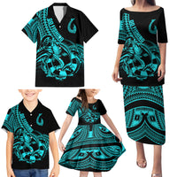 Polynesia Family Matching Puletasi Dress and Hawaiian Shirt Fish Hook Tattoo Go Fishing Polynesian Pattern Turquosie - Wonder Print Shop
