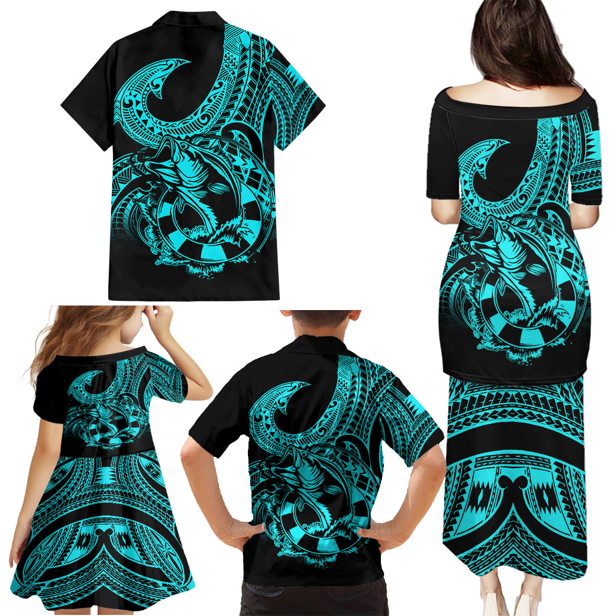 Polynesia Family Matching Puletasi Dress and Hawaiian Shirt Fish Hook Tattoo Go Fishing Polynesian Pattern Turquosie - Wonder Print Shop