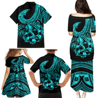Polynesia Family Matching Puletasi Dress and Hawaiian Shirt Fish Hook Tattoo Go Fishing Polynesian Pattern Turquosie - Wonder Print Shop