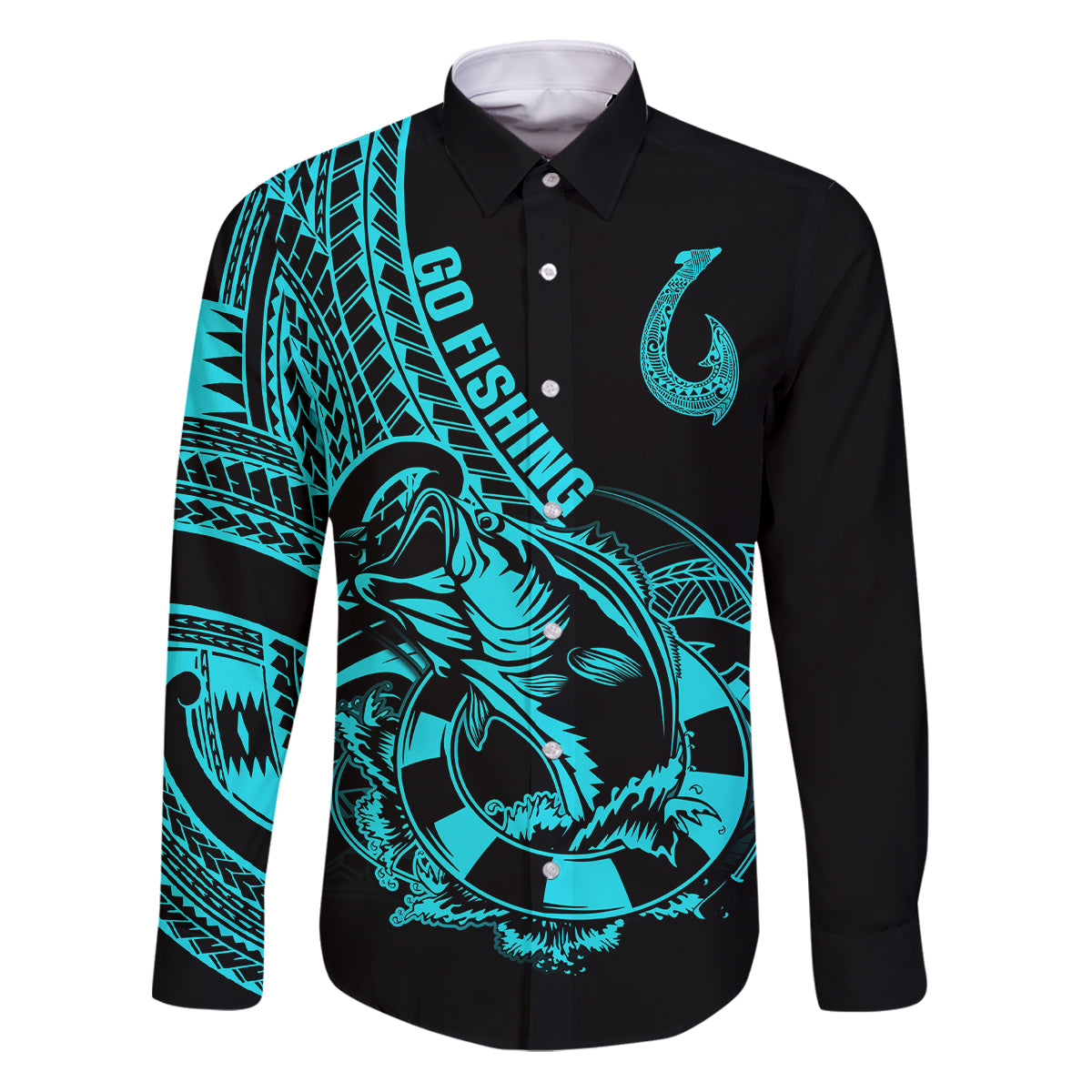 Polynesia Family Matching Puletasi Dress and Hawaiian Shirt Fish Hook Tattoo Go Fishing Polynesian Pattern Turquosie - Wonder Print Shop