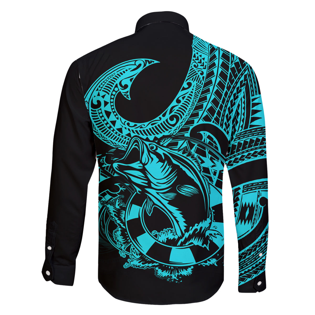 Polynesia Family Matching Puletasi Dress and Hawaiian Shirt Fish Hook Tattoo Go Fishing Polynesian Pattern Turquosie - Wonder Print Shop