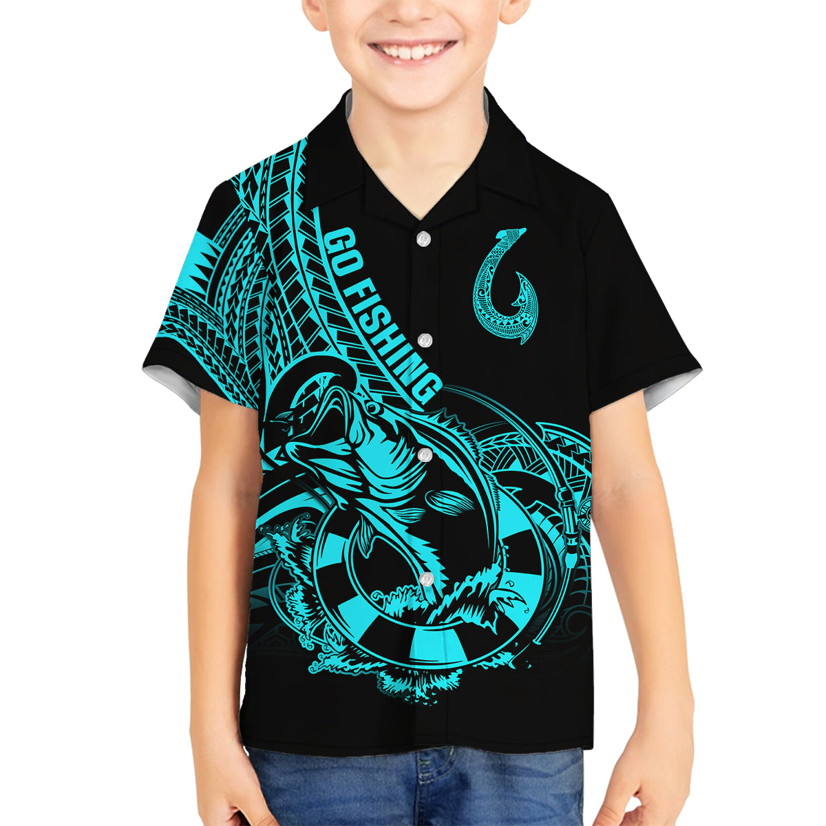 Polynesia Family Matching Puletasi Dress and Hawaiian Shirt Fish Hook Tattoo Go Fishing Polynesian Pattern Turquosie - Wonder Print Shop