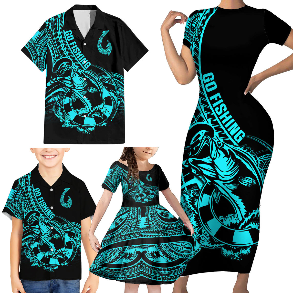 Polynesia Family Matching Short Sleeve Bodycon Dress and Hawaiian Shirt Fish Hook Tattoo Go Fishing Polynesian Pattern Turquosie - Wonder Print Shop