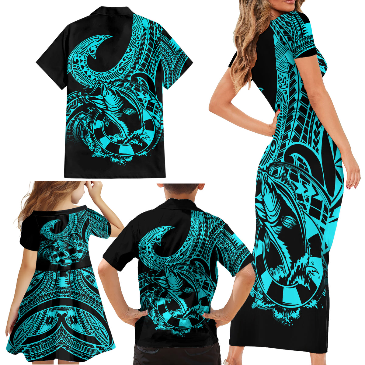 Polynesia Family Matching Short Sleeve Bodycon Dress and Hawaiian Shirt Fish Hook Tattoo Go Fishing Polynesian Pattern Turquosie - Wonder Print Shop