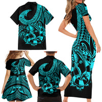 Polynesia Family Matching Short Sleeve Bodycon Dress and Hawaiian Shirt Fish Hook Tattoo Go Fishing Polynesian Pattern Turquosie - Wonder Print Shop