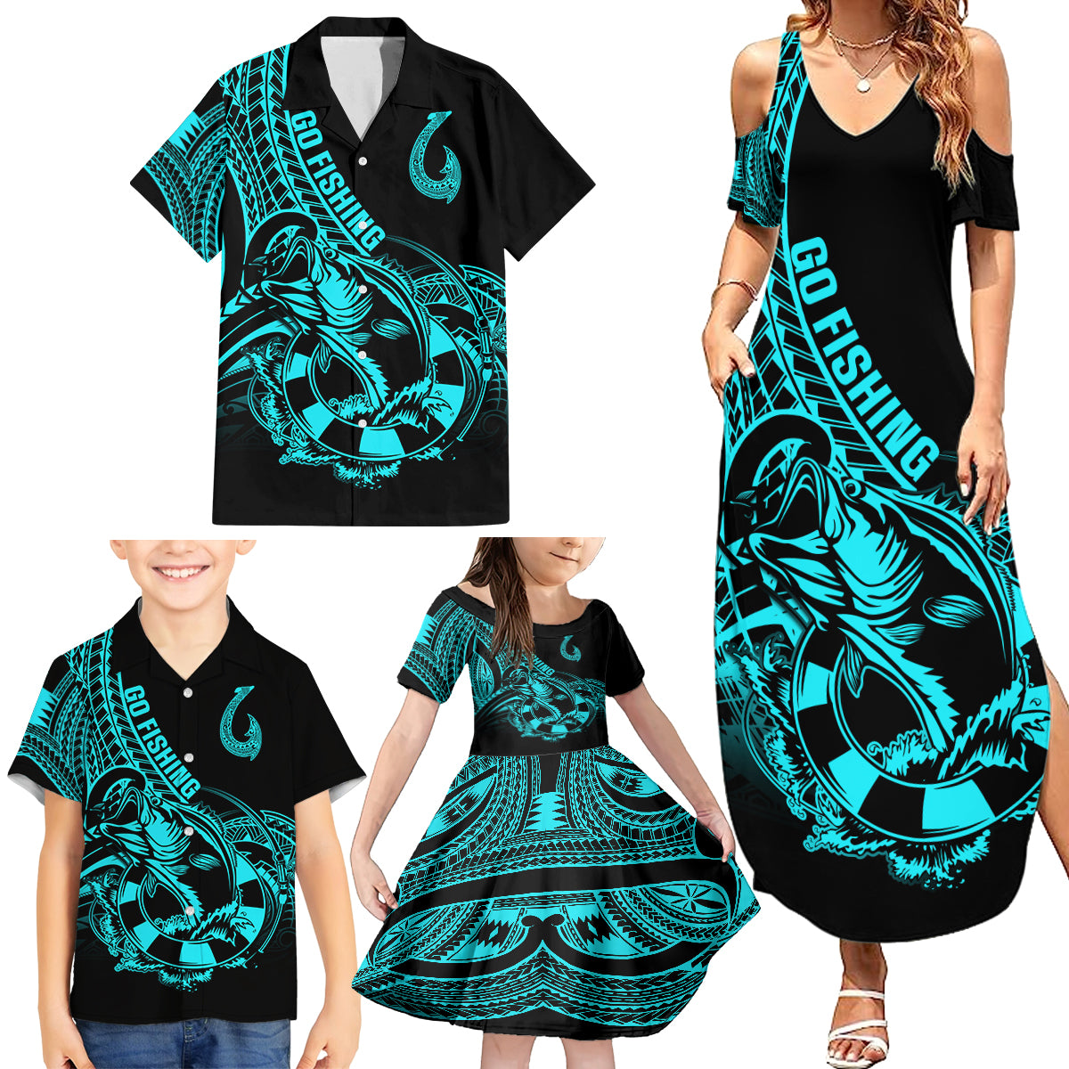 Polynesia Family Matching Summer Maxi Dress and Hawaiian Shirt Fish Hook Tattoo Go Fishing Polynesian Pattern Turquosie - Wonder Print Shop