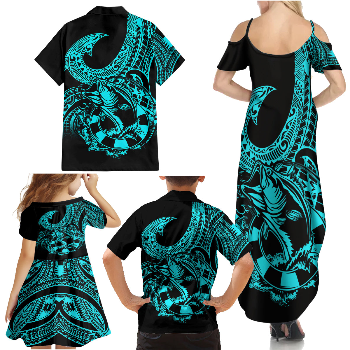 Polynesia Family Matching Summer Maxi Dress and Hawaiian Shirt Fish Hook Tattoo Go Fishing Polynesian Pattern Turquosie - Wonder Print Shop