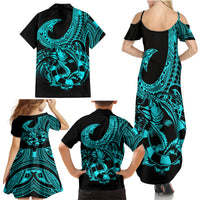 Polynesia Family Matching Summer Maxi Dress and Hawaiian Shirt Fish Hook Tattoo Go Fishing Polynesian Pattern Turquosie - Wonder Print Shop