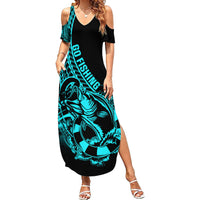Polynesia Family Matching Summer Maxi Dress and Hawaiian Shirt Fish Hook Tattoo Go Fishing Polynesian Pattern Turquosie - Wonder Print Shop