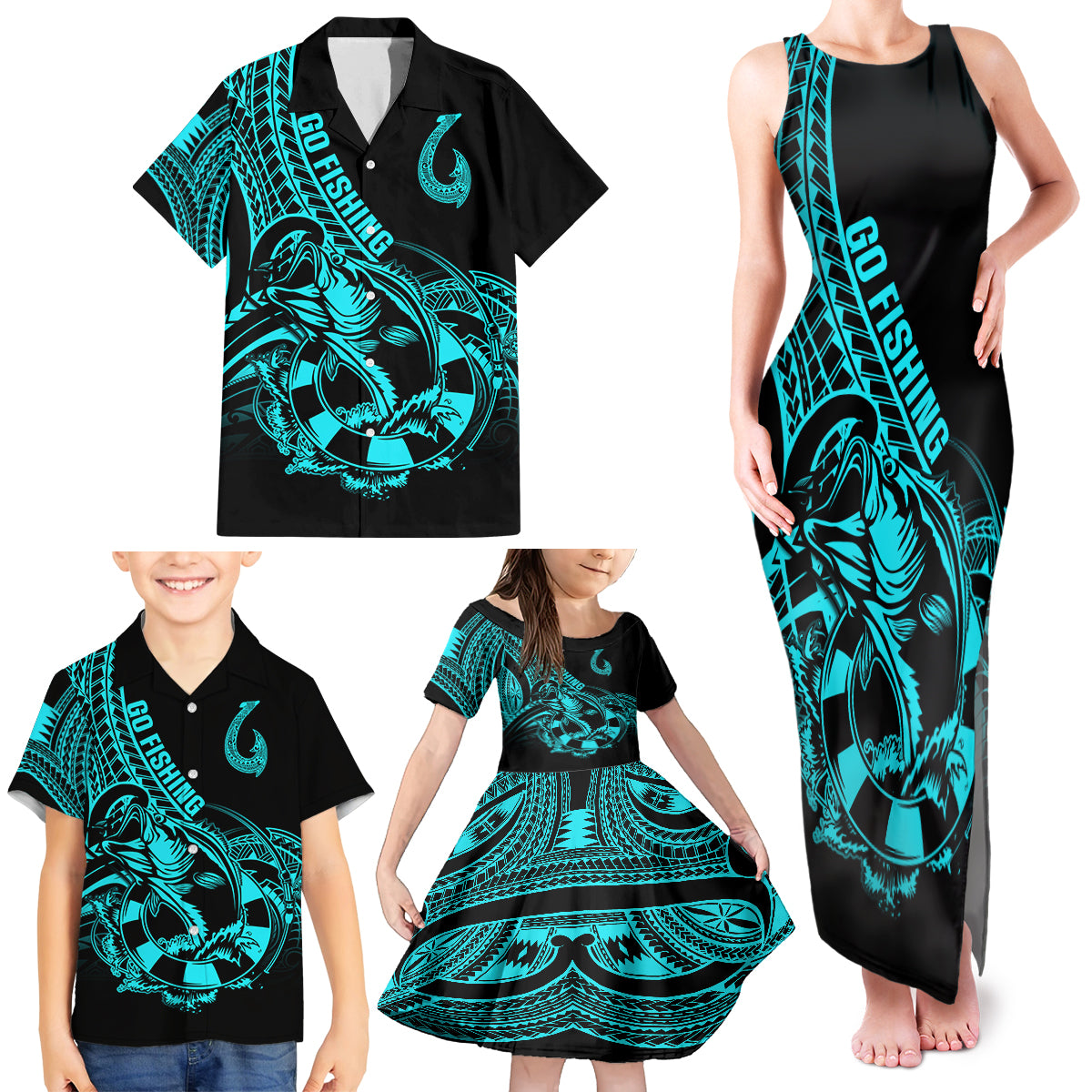 Polynesia Family Matching Tank Maxi Dress and Hawaiian Shirt Fish Hook Tattoo Go Fishing Polynesian Pattern Turquosie - Wonder Print Shop