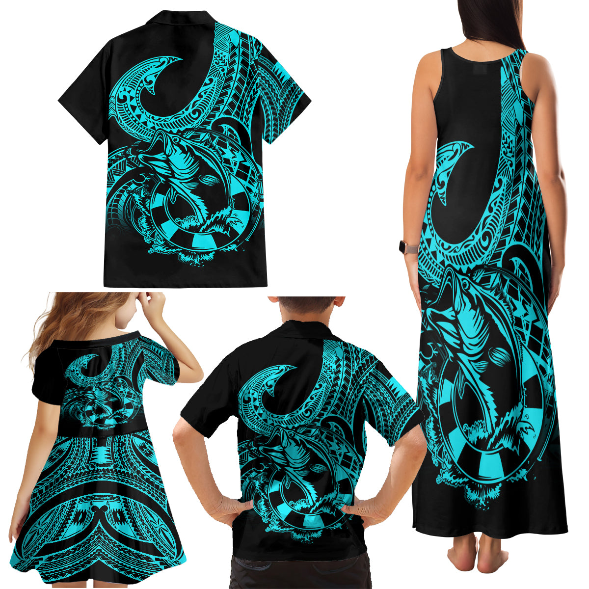 Polynesia Family Matching Tank Maxi Dress and Hawaiian Shirt Fish Hook Tattoo Go Fishing Polynesian Pattern Turquosie - Wonder Print Shop