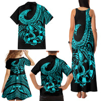 Polynesia Family Matching Tank Maxi Dress and Hawaiian Shirt Fish Hook Tattoo Go Fishing Polynesian Pattern Turquosie - Wonder Print Shop