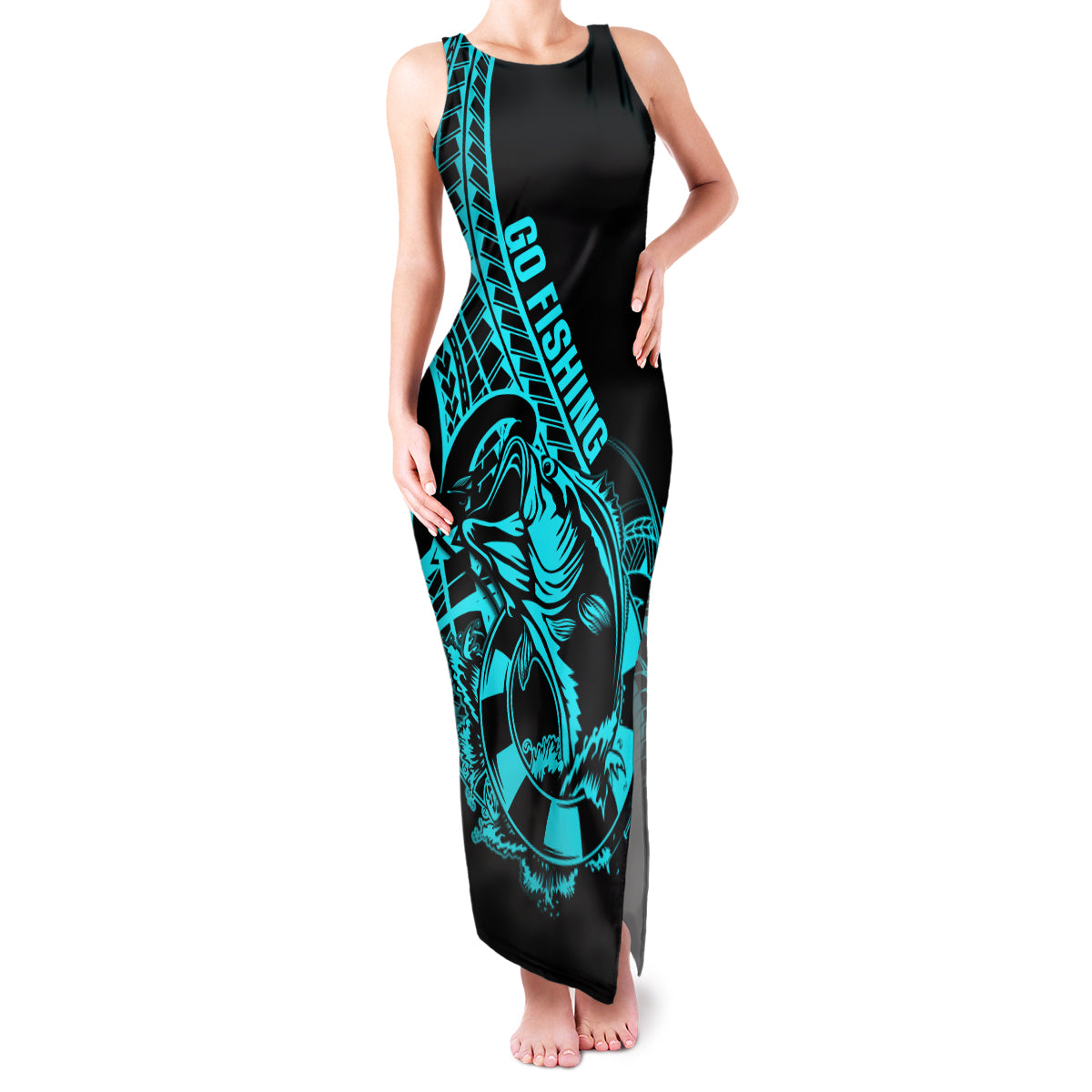 Polynesia Family Matching Tank Maxi Dress and Hawaiian Shirt Fish Hook Tattoo Go Fishing Polynesian Pattern Turquosie - Wonder Print Shop