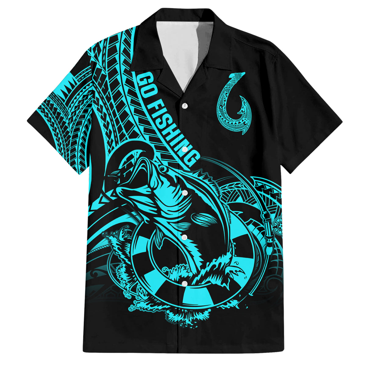 Polynesia Hawaiian Shirt Fish Hook Tattoo Go Fishing Polynesian Pattern Turquosie - Wonder Print Shop
