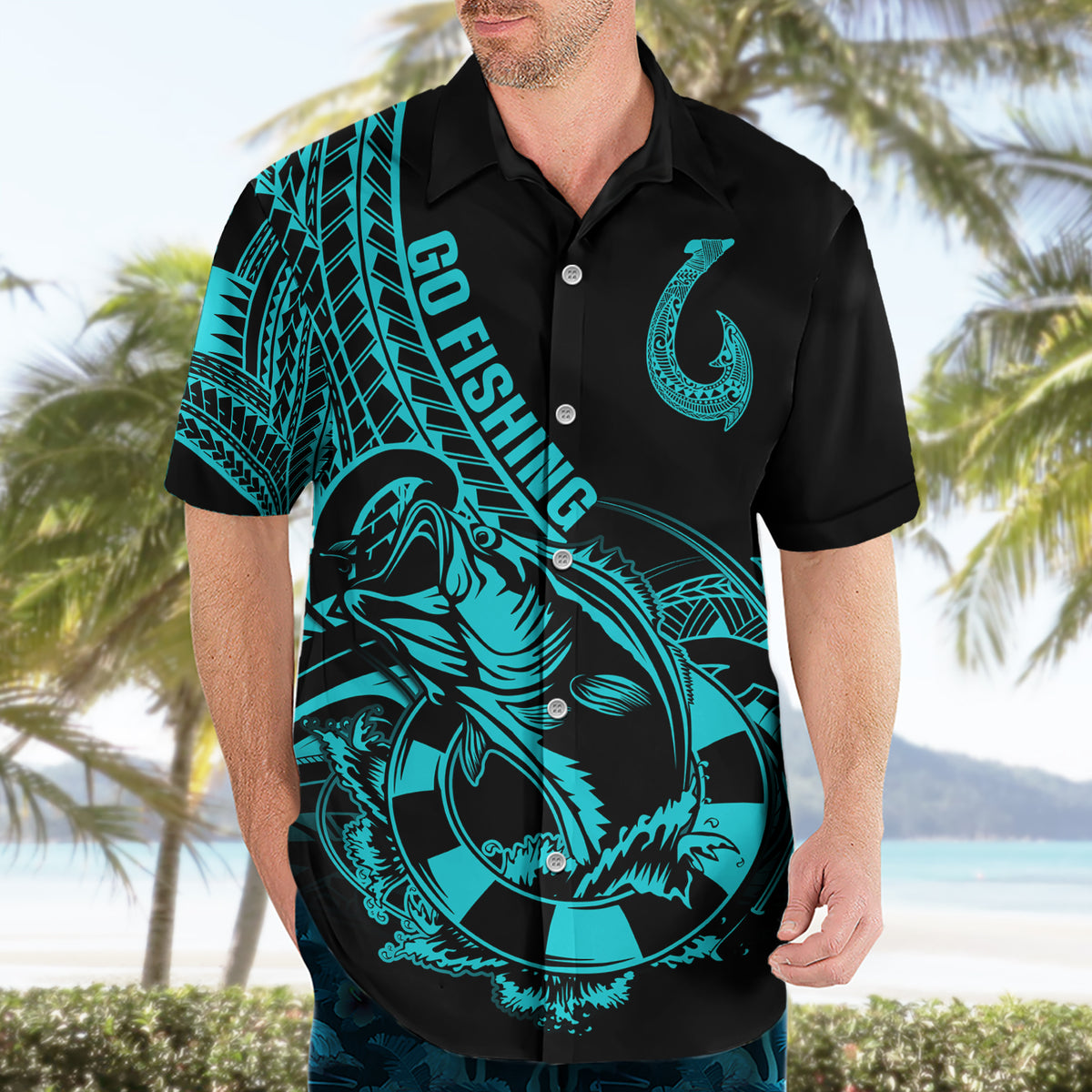 Polynesia Hawaiian Shirt Fish Hook Tattoo Go Fishing Polynesian Pattern Turquosie - Wonder Print Shop