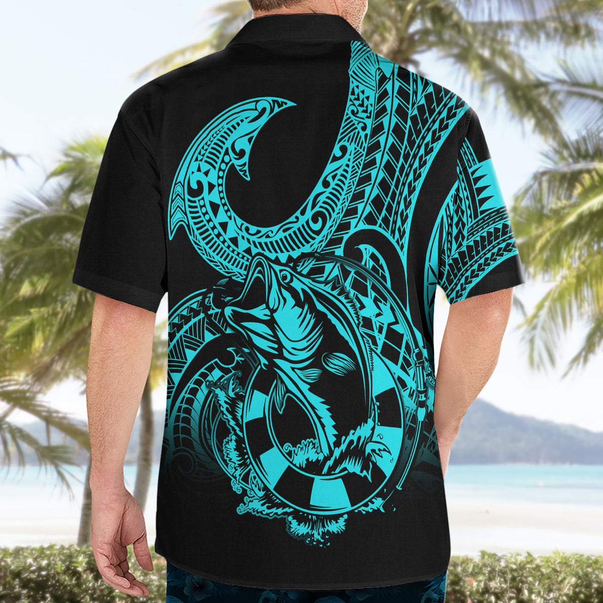 Polynesia Hawaiian Shirt Fish Hook Tattoo Go Fishing Polynesian Pattern Turquosie - Wonder Print Shop