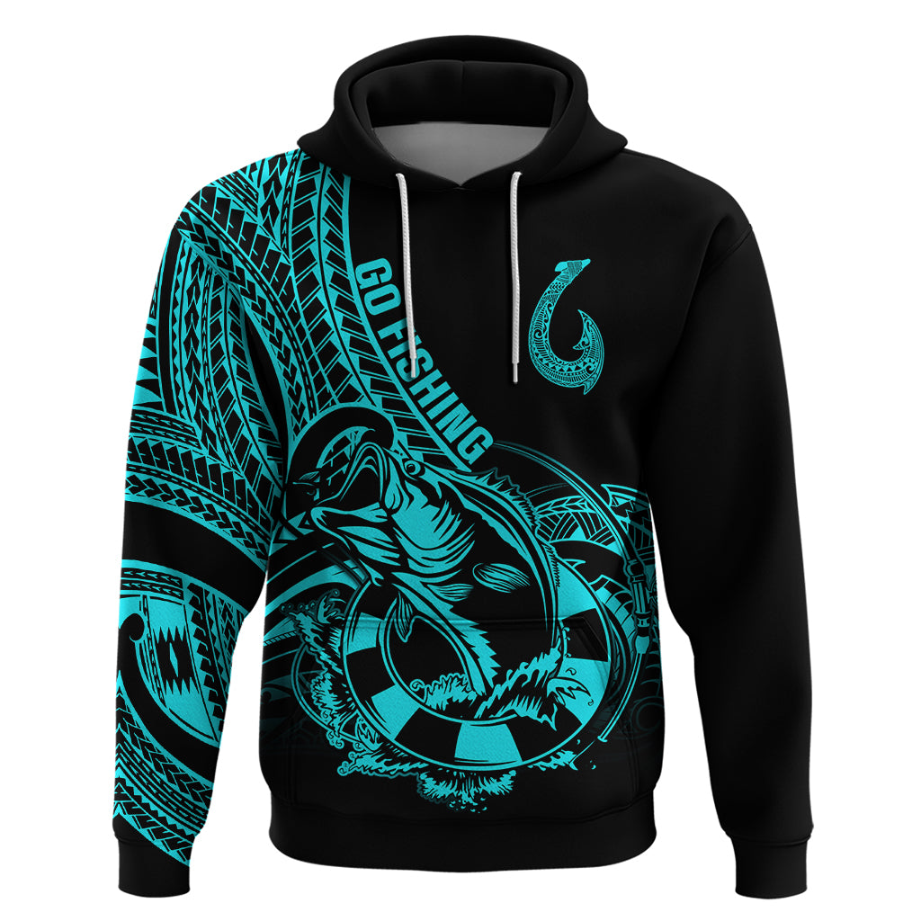 Polynesia Hoodie Fish Hook Tattoo Go Fishing Polynesian Pattern Turquosie - Wonder Print Shop