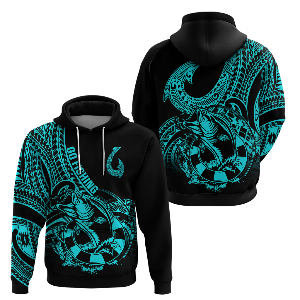 Polynesia Hoodie Fish Hook Tattoo Go Fishing Polynesian Pattern Turquosie - Wonder Print Shop