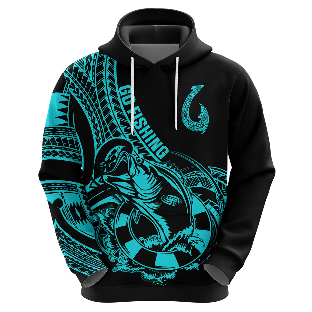 Polynesia Hoodie Fish Hook Tattoo Go Fishing Polynesian Pattern Turquosie - Wonder Print Shop