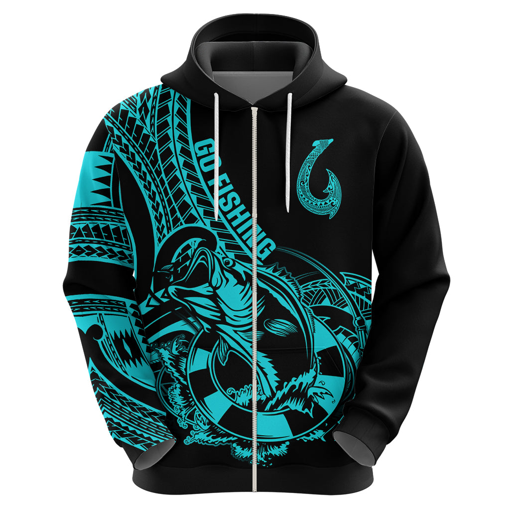 Polynesia Hoodie Fish Hook Tattoo Go Fishing Polynesian Pattern Turquosie - Wonder Print Shop