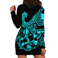 Polynesia Hoodie Dress Fish Hook Tattoo Go Fishing Polynesian Pattern Turquosie - Wonder Print Shop