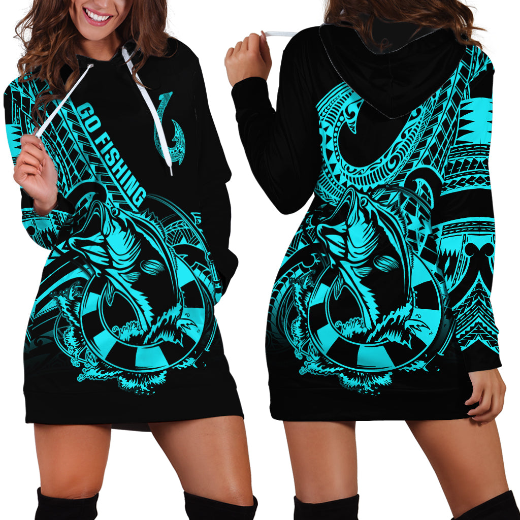Polynesia Hoodie Dress Fish Hook Tattoo Go Fishing Polynesian Pattern Turquosie - Wonder Print Shop