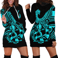 Polynesia Hoodie Dress Fish Hook Tattoo Go Fishing Polynesian Pattern Turquosie - Wonder Print Shop