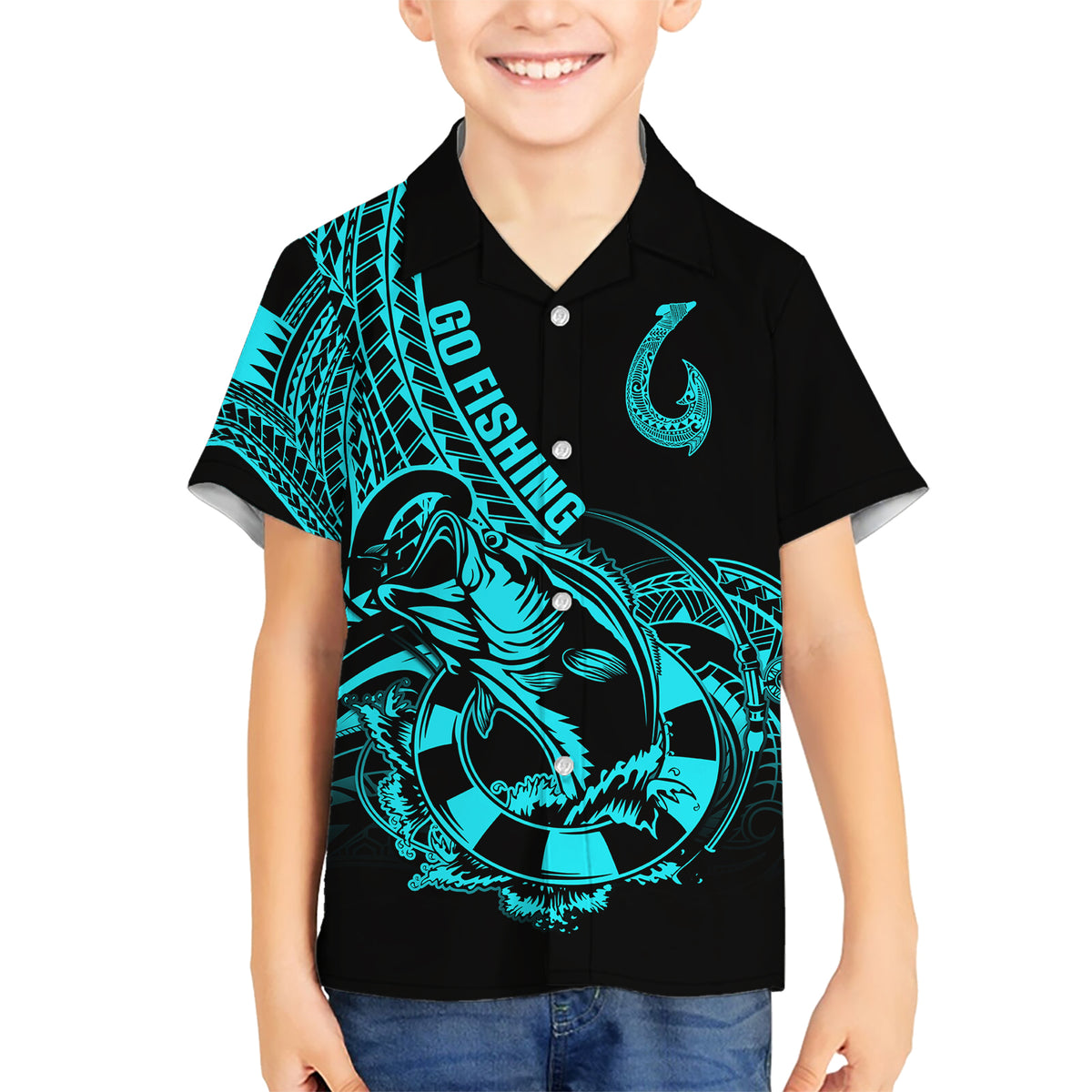 Polynesia Kid Hawaiian Shirt Fish Hook Tattoo Go Fishing Polynesian Pattern Turquosie - Wonder Print Shop