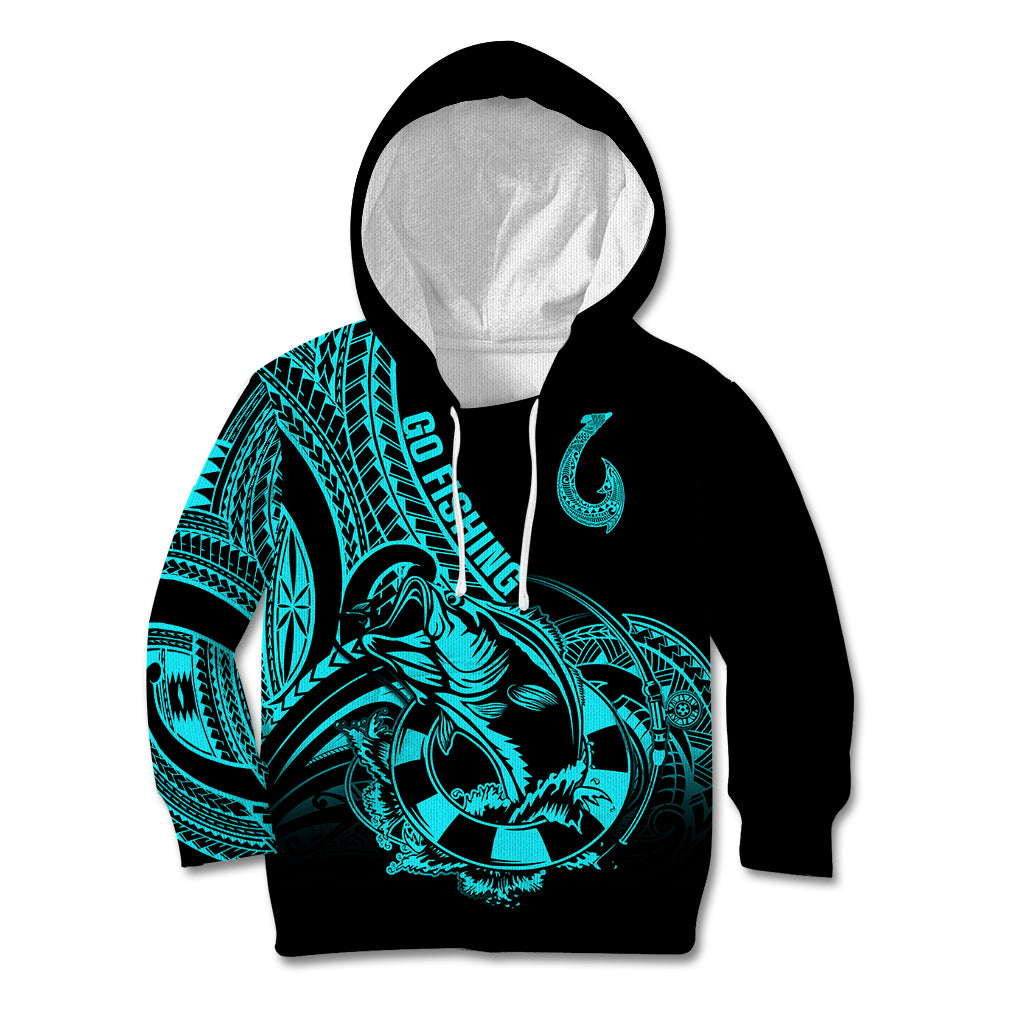Polynesia Kid Hoodie Fish Hook Tattoo Go Fishing Polynesian Pattern Turquosie - Wonder Print Shop