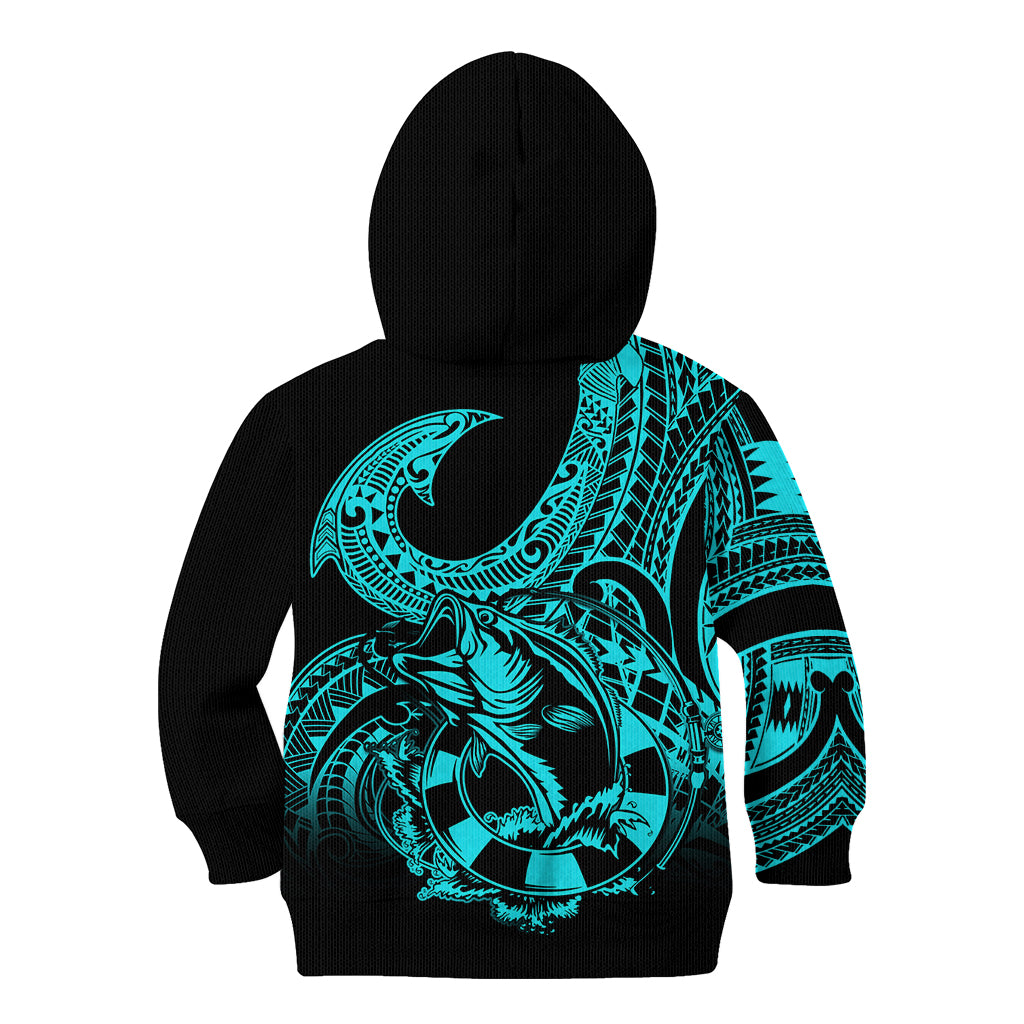 Polynesia Kid Hoodie Fish Hook Tattoo Go Fishing Polynesian Pattern Turquosie - Wonder Print Shop