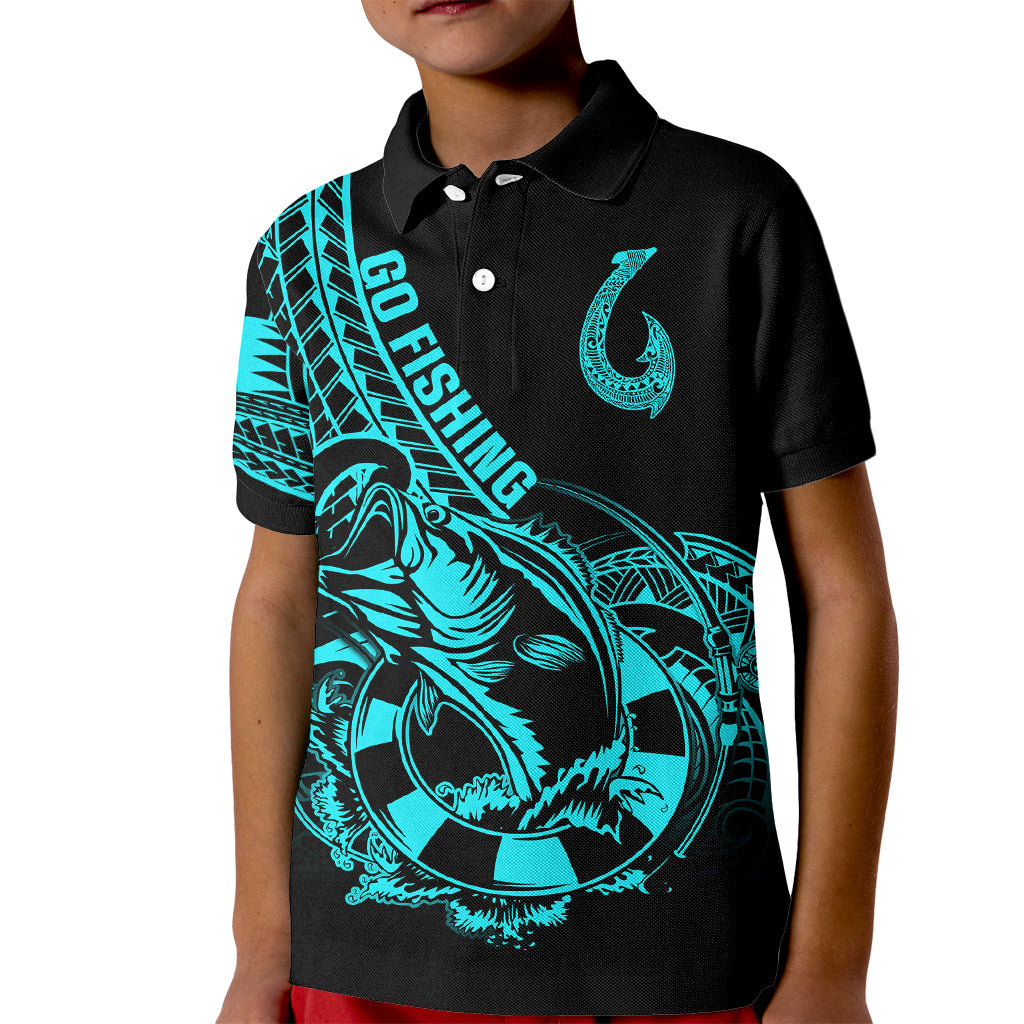 Polynesia Kid Polo Shirt Fish Hook Tattoo Go Fishing Polynesian Pattern Turquosie - Wonder Print Shop