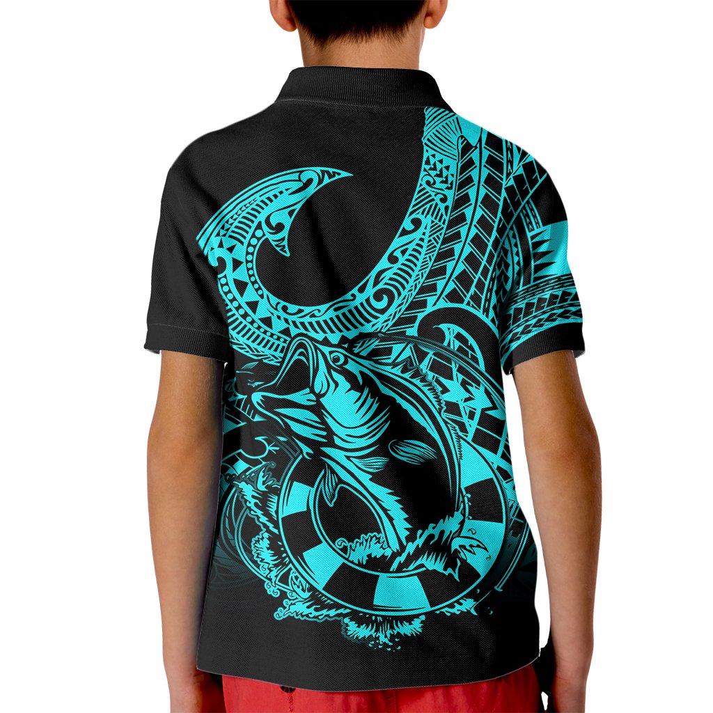 Polynesia Kid Polo Shirt Fish Hook Tattoo Go Fishing Polynesian Pattern Turquosie - Wonder Print Shop