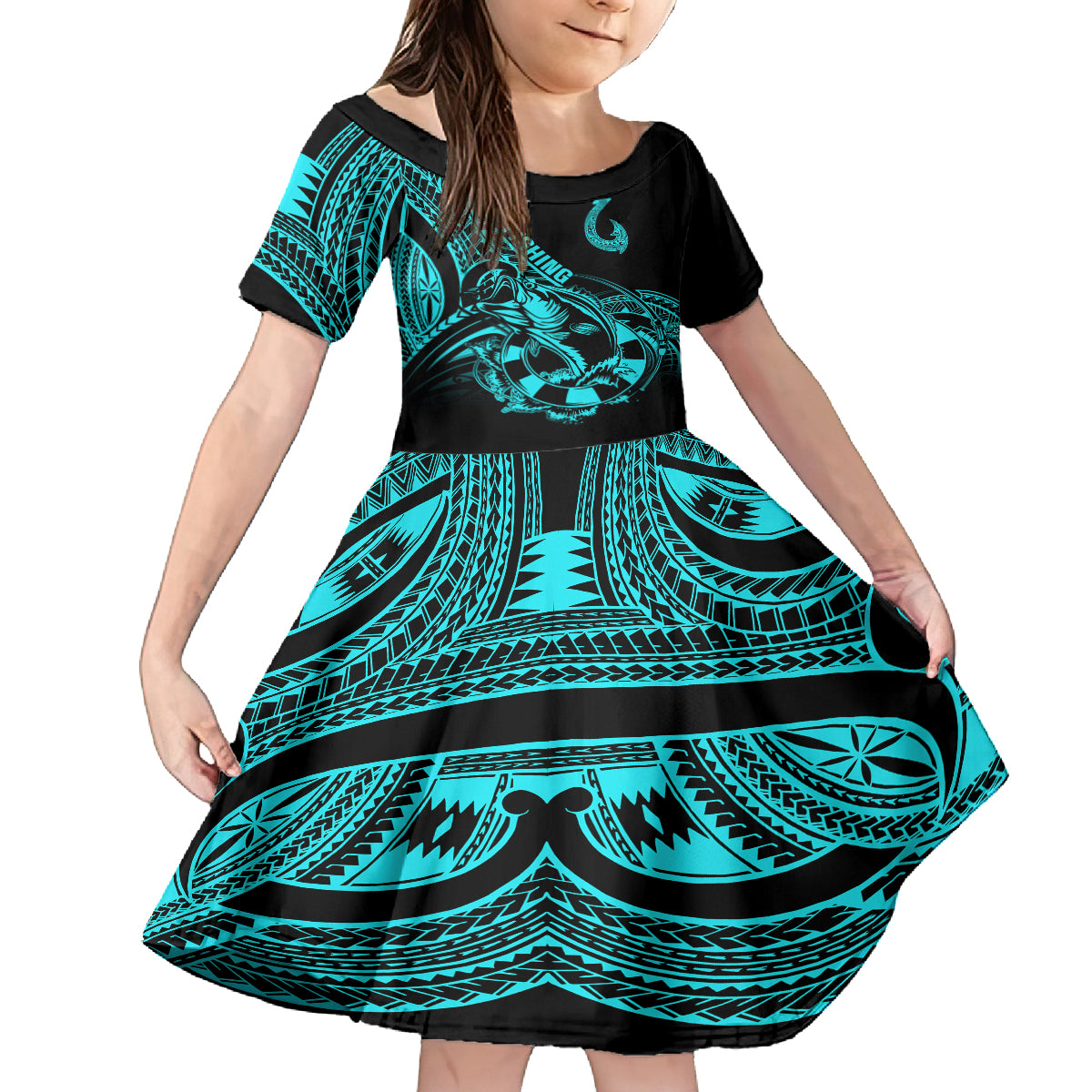Polynesia Kid Short Sleeve Dress Fish Hook Tattoo Go Fishing Polynesian Pattern Turquosie - Wonder Print Shop