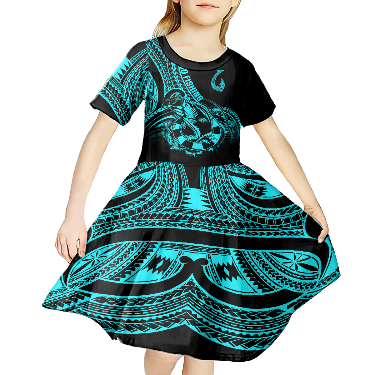 Polynesia Kid Short Sleeve Dress Fish Hook Tattoo Go Fishing Polynesian Pattern Turquosie - Wonder Print Shop