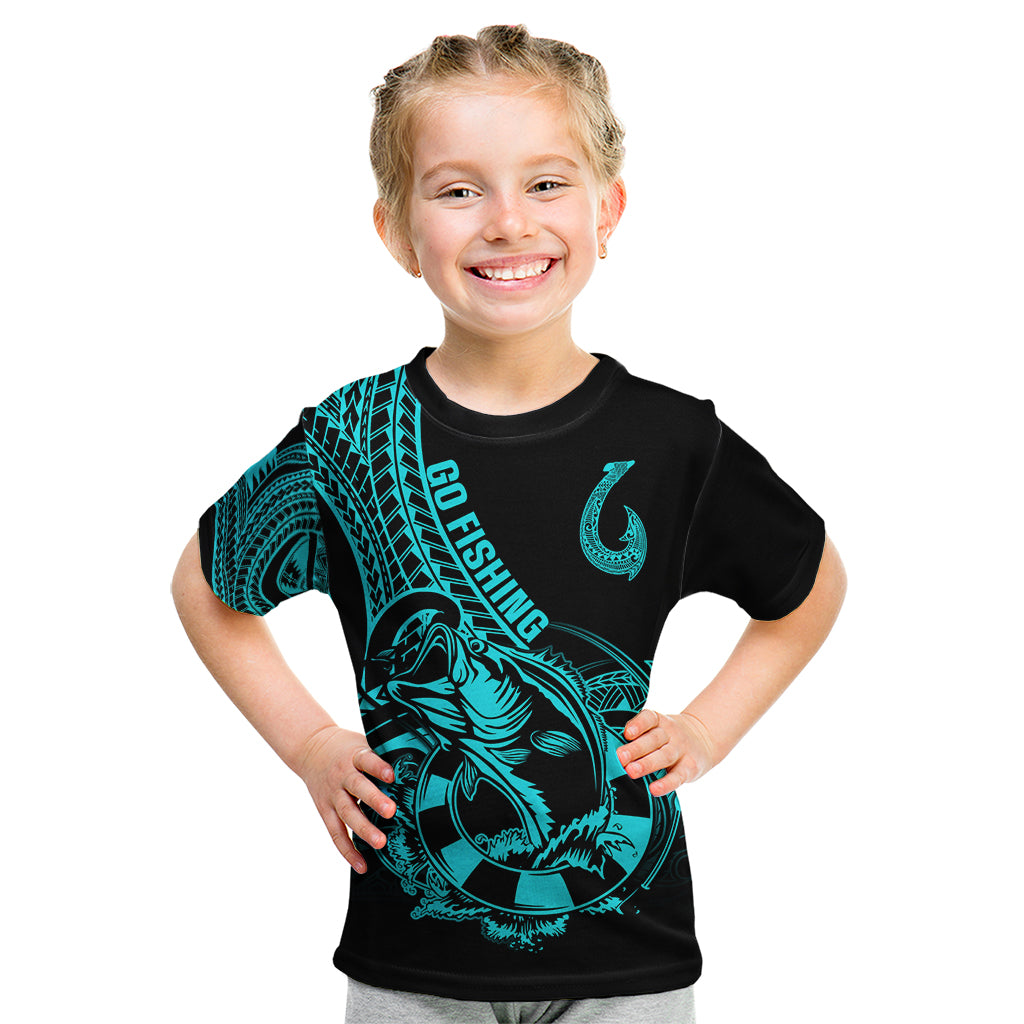 Polynesia Kid T Shirt Fish Hook Tattoo Go Fishing Polynesian Pattern Turquosie - Wonder Print Shop