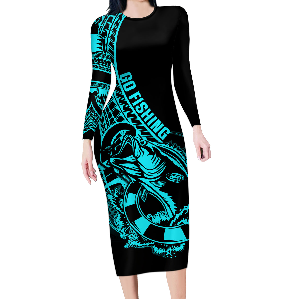 Polynesia Long Sleeve Bodycon Dress Fish Hook Tattoo Go Fishing Polynesian Pattern Turquosie - Wonder Print Shop