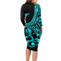 Polynesia Long Sleeve Bodycon Dress Fish Hook Tattoo Go Fishing Polynesian Pattern Turquosie - Wonder Print Shop