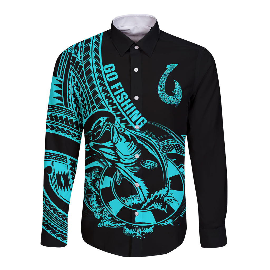 Polynesia Long Sleeve Button Shirt Fish Hook Tattoo Go Fishing Polynesian Pattern Turquosie - Wonder Print Shop