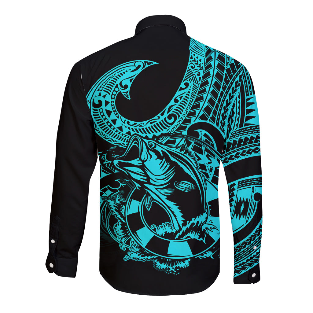 Polynesia Long Sleeve Button Shirt Fish Hook Tattoo Go Fishing Polynesian Pattern Turquosie - Wonder Print Shop