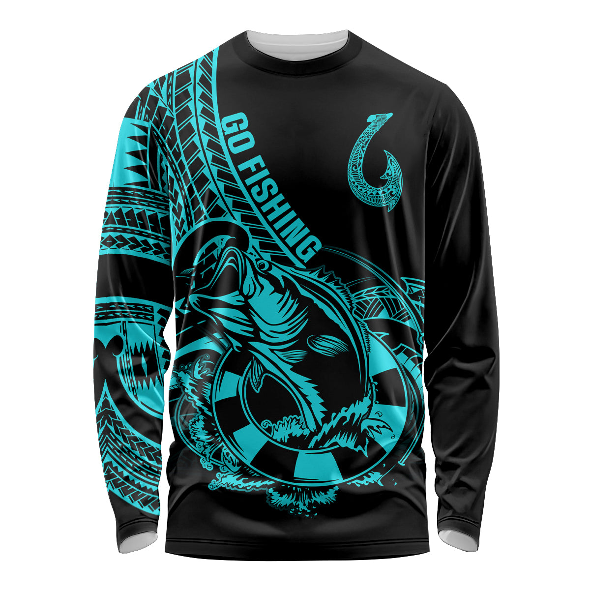 Polynesia Long Sleeve Shirt Fish Hook Tattoo Go Fishing Polynesian Pattern Turquosie - Wonder Print Shop