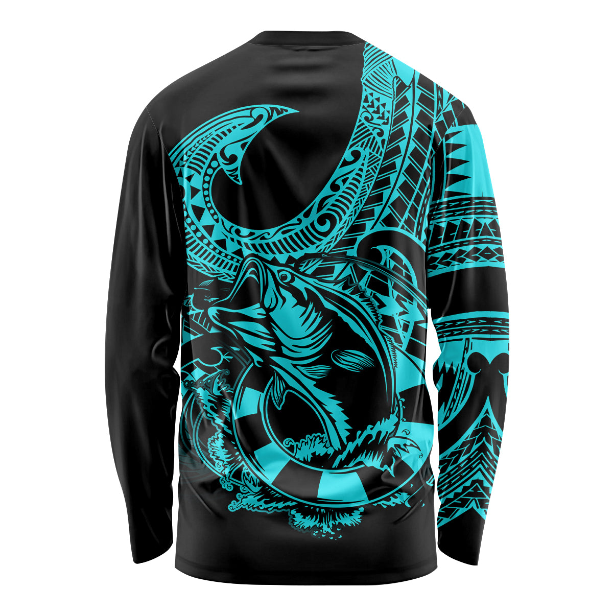 Polynesia Long Sleeve Shirt Fish Hook Tattoo Go Fishing Polynesian Pattern Turquosie - Wonder Print Shop