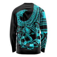 Polynesia Long Sleeve Shirt Fish Hook Tattoo Go Fishing Polynesian Pattern Turquosie - Wonder Print Shop