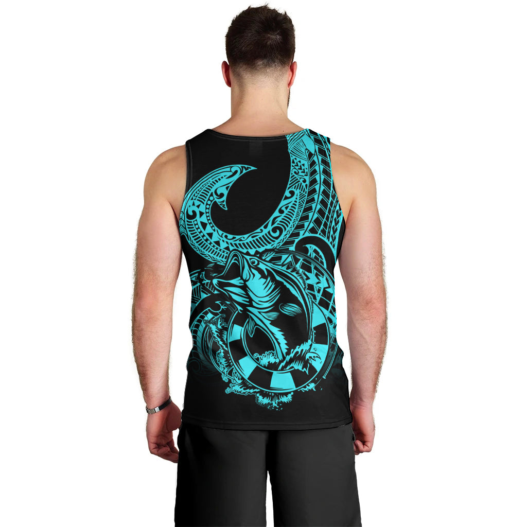 Polynesia Men Tank Top Fish Hook Tattoo Go Fishing Polynesian Pattern Turquosie - Wonder Print Shop