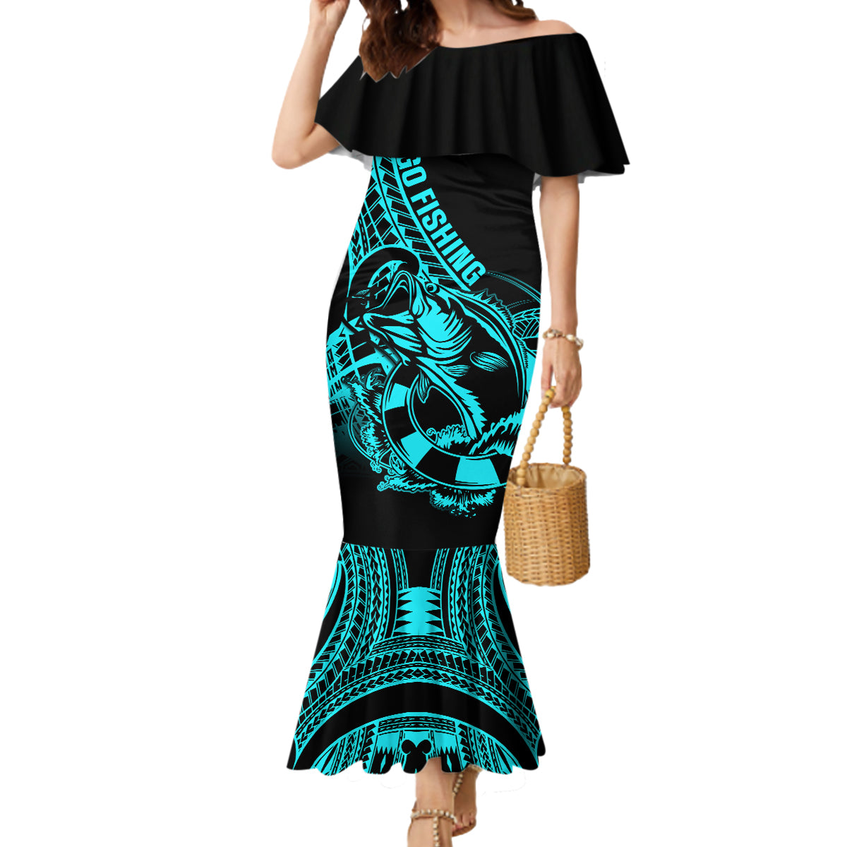 Polynesia Mermaid Dress Fish Hook Tattoo Go Fishing Polynesian Pattern Turquosie - Wonder Print Shop