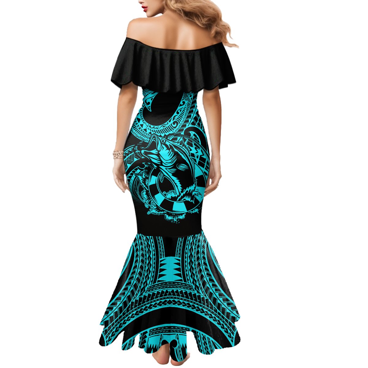 Polynesia Mermaid Dress Fish Hook Tattoo Go Fishing Polynesian Pattern Turquosie - Wonder Print Shop