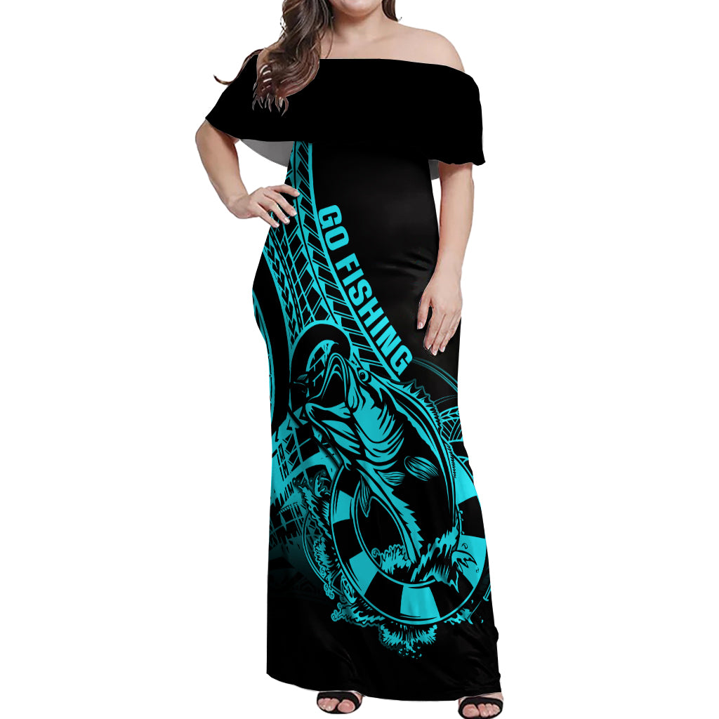 Polynesia Off Shoulder Maxi Dress Fish Hook Tattoo Go Fishing Polynesian Pattern Turquosie - Wonder Print Shop