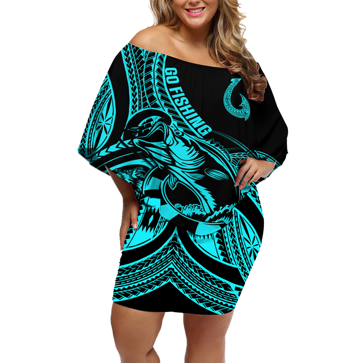 Polynesia Off Shoulder Short Dress Fish Hook Tattoo Go Fishing Polynesian Pattern Turquosie - Wonder Print Shop