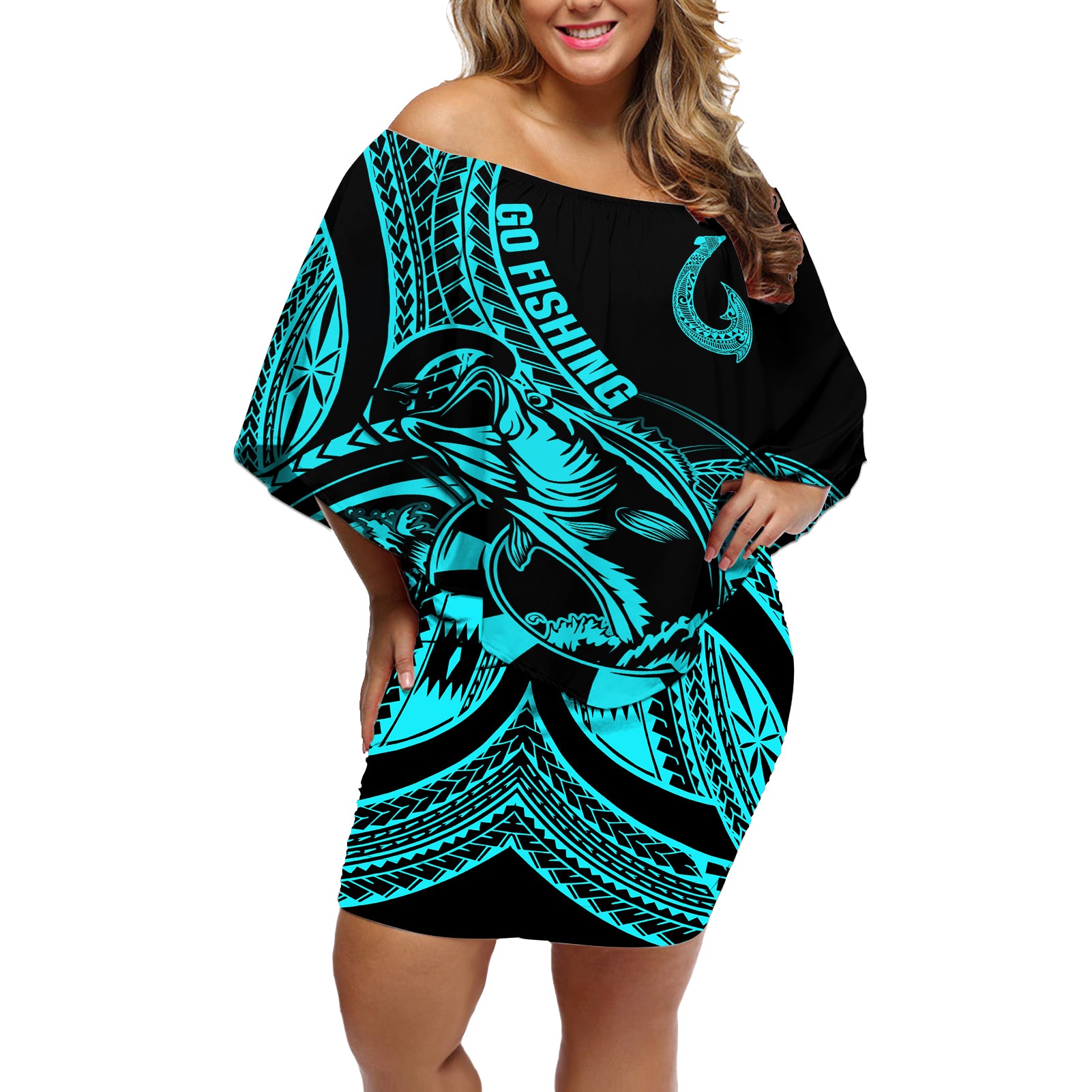 Polynesia Off Shoulder Short Dress Fish Hook Tattoo Go Fishing Polynesian Pattern Turquosie - Wonder Print Shop