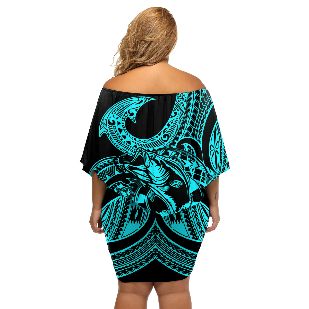 Polynesia Off Shoulder Short Dress Fish Hook Tattoo Go Fishing Polynesian Pattern Turquosie - Wonder Print Shop