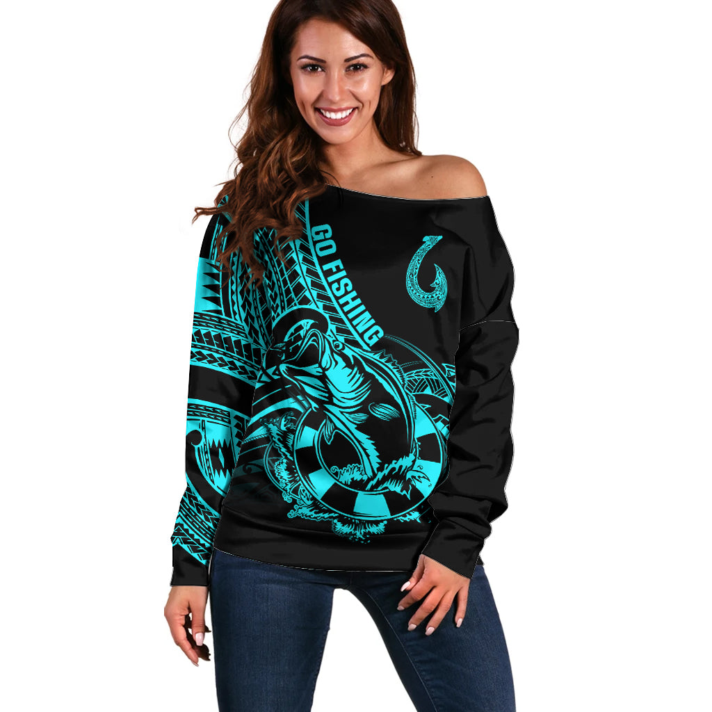 Polynesia Off Shoulder Sweater Fish Hook Tattoo Go Fishing Polynesian Pattern Turquosie - Wonder Print Shop
